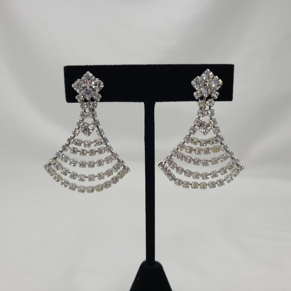 RARE Vintage Sherman Dangle Clip On Earrings Silver Tone Rhinestone Signed